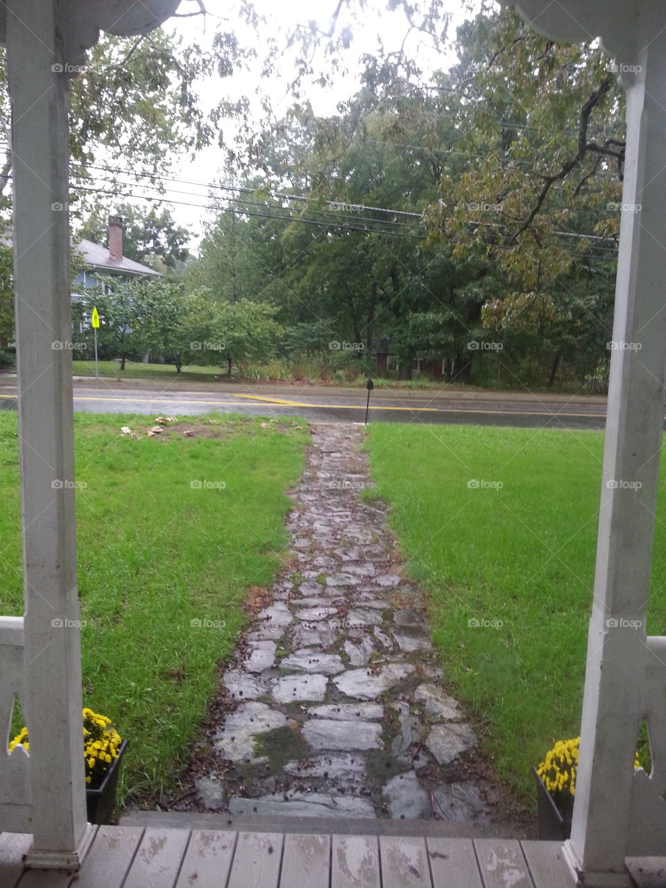 front porch view, rain, stone path