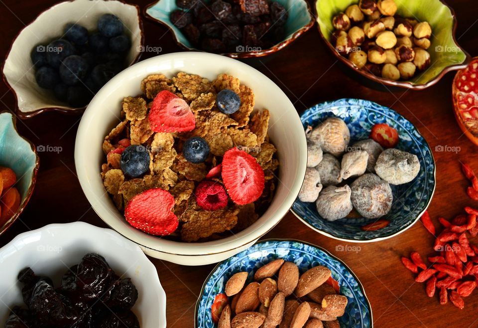 High angle view of breakfast on table