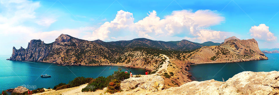 Beautiful panoramic view of a tropical peninsula surrounded by sea in Crimea 