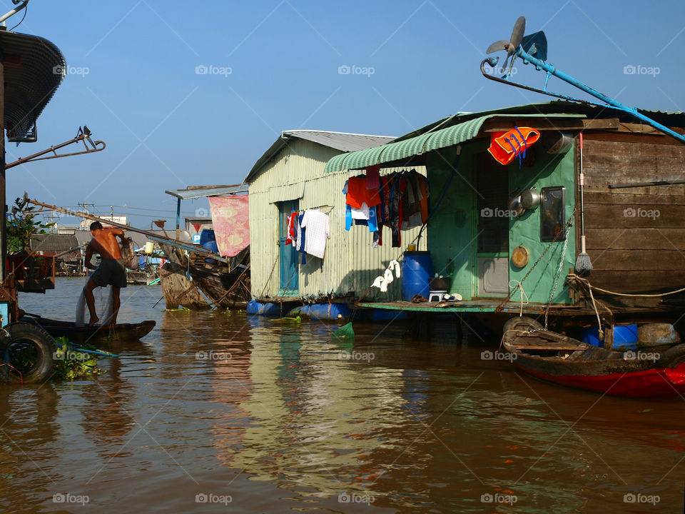 Floting homes in Vietnam on Mekong river