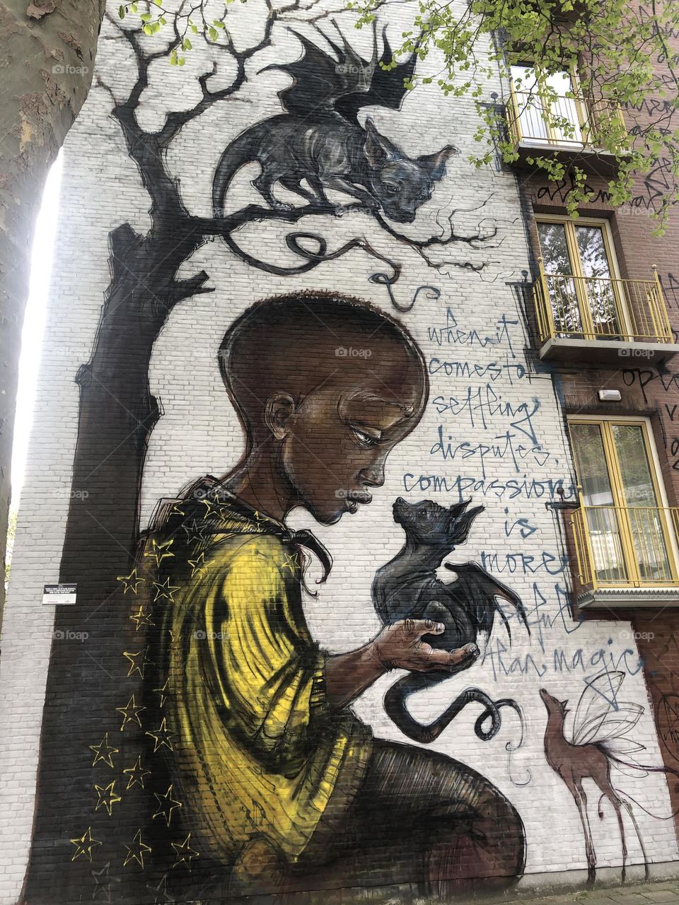 This mural is soulful. I can feel the sadness, the deep emotion in the child’s eyes. The Artist left a deep message. “When it comes to setting disputes, compassion is more useful than magic”.