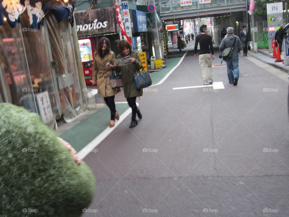 Two Girl Friends Laugh While Walking, Nakameguro, Tokyo, Japan