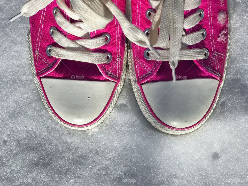 Pink sneakers, top view 