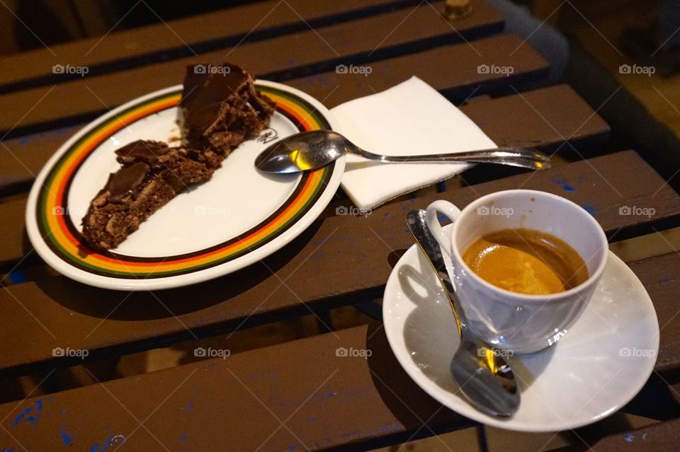 Cafe con leche and chocolate cake, Madrid, Spain 