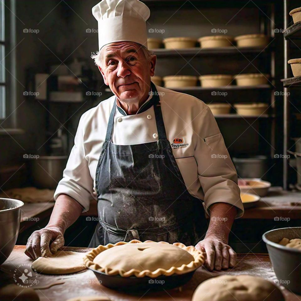 Old baker making pies, making pies in France, older chef makes pies, many pies with pastry chef 