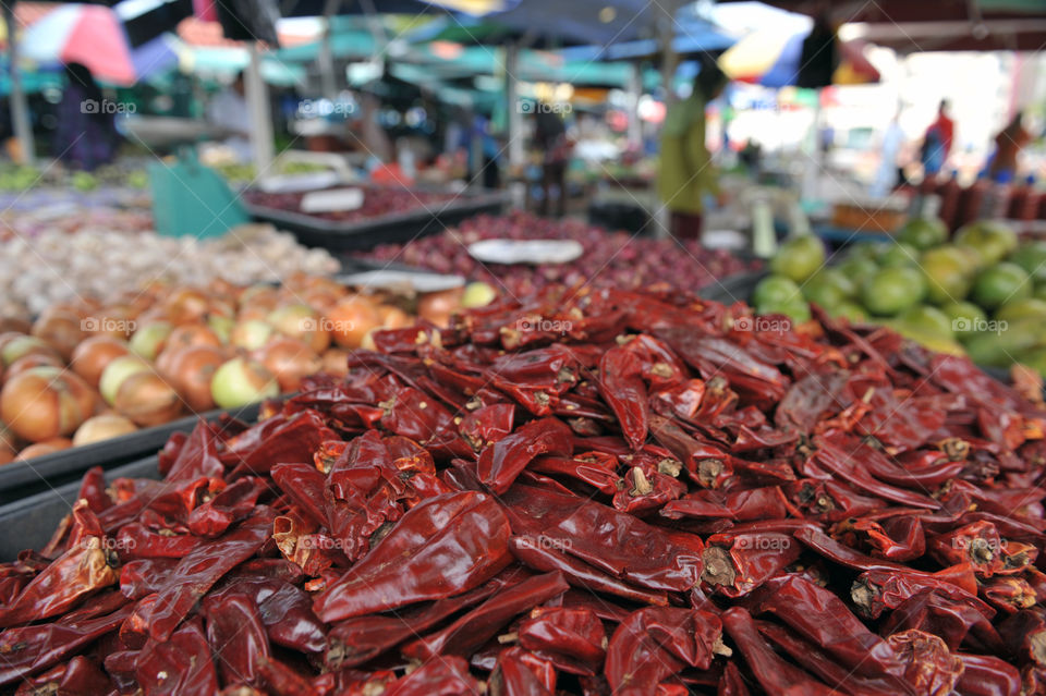 Dried red chili peppers in fresh local market 