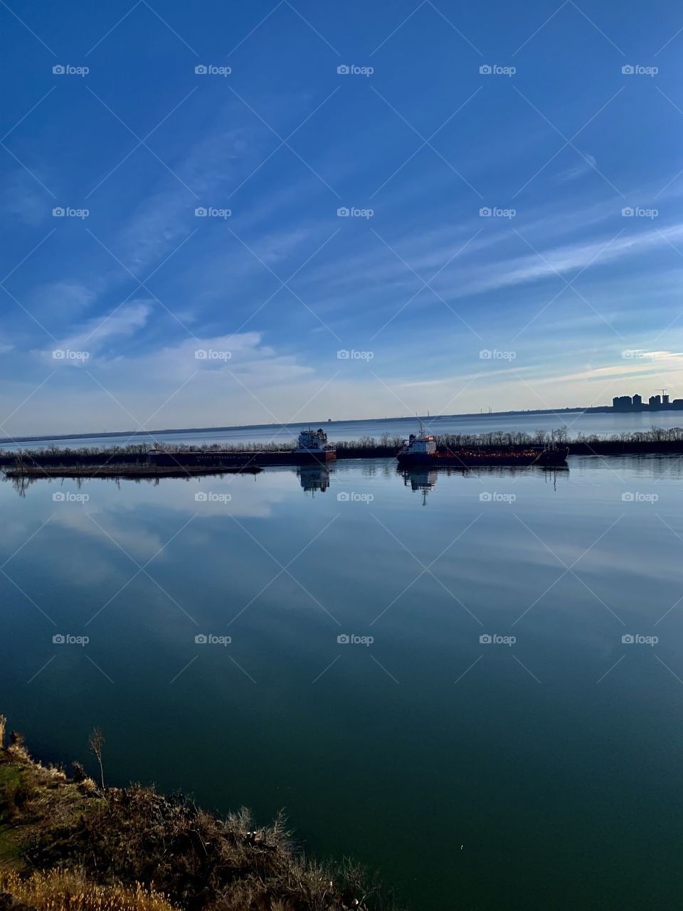 Two ships meet in the St. Lawrence river Seaway, Quebec, Canada 