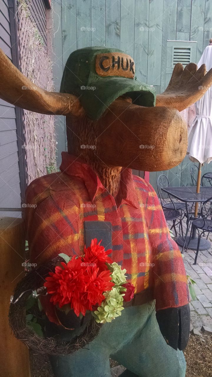 Flowers from Chuk. Chuk, the moose outside The Common Man Inn and Spa in Plymouth, New Hampshire, greeting guests with flowers in hand.