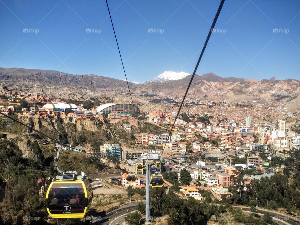 A view overlooking La Paz Bolivia while riding Bolivia's new mass transit system called the  "Teleferico"