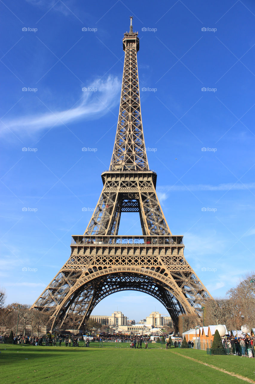The Eiffel tower from the champ de mars in a sunny day