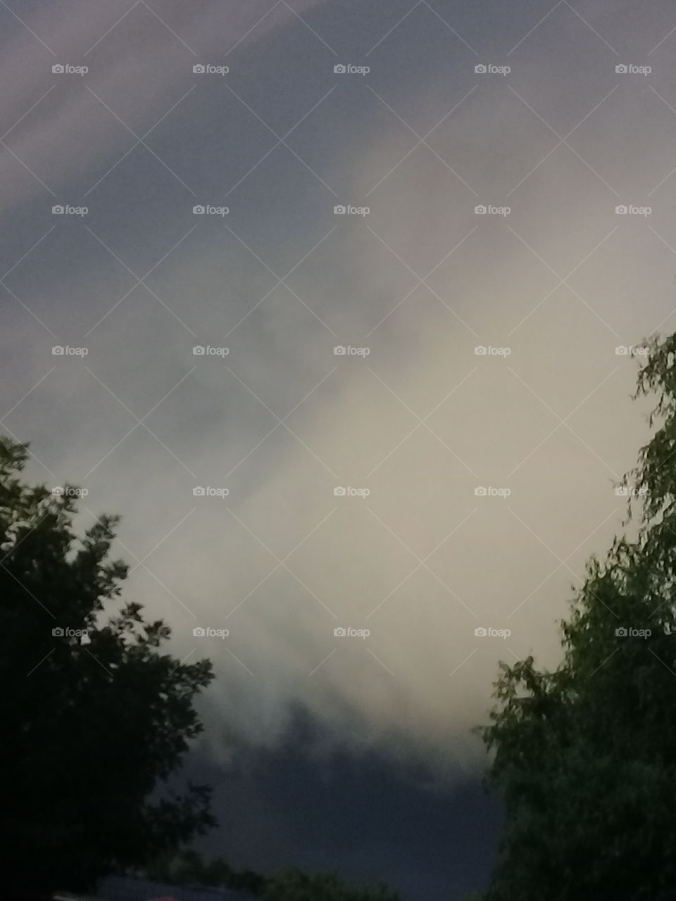 imagen de un cielo con una tormenta amenazante rodeado por las copas de algunos árboles.