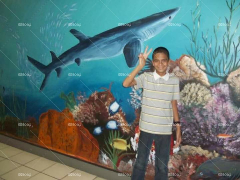 My son and  a shark  painting on the back.