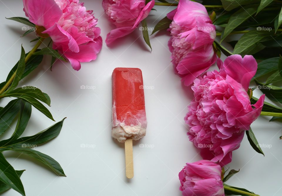 High angle view of ice cream and flowers