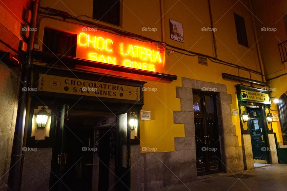 The best churros with chocolate in Madrid at Chocolatería San Ginés, open 23 hours a day since 1894