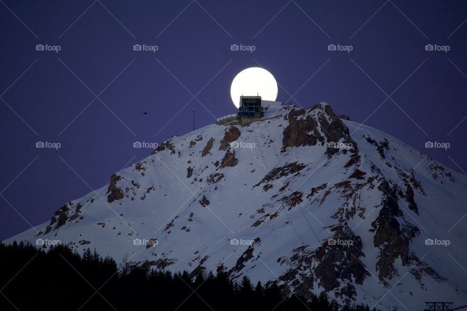 Weisshorn Mountain Peak And Full Moon ( Arosa/ Switzerland