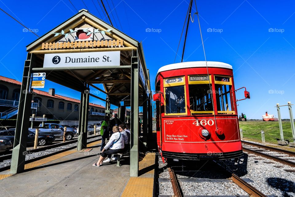 Cable car tram in red color in New Orleans Louisiana USA 