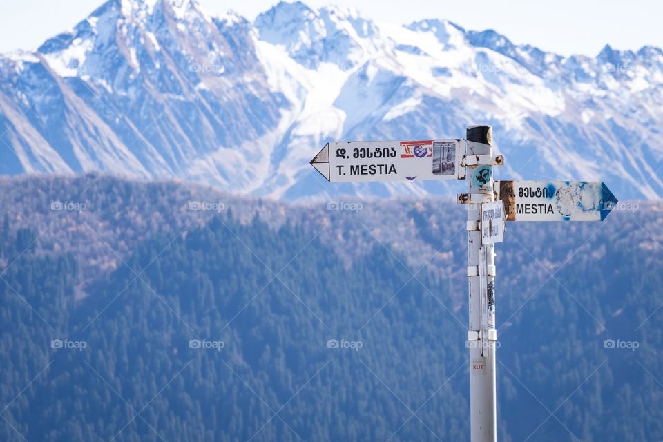 Beautiful Route sign along the way to Koruldi lake on Caucasus Mountains , Georgia is new famous landmark for tourists around the world