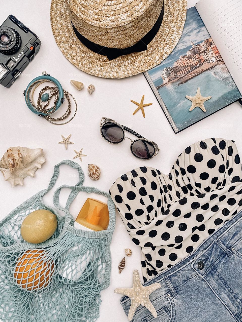 Summer flat lay photography. Summer outfits