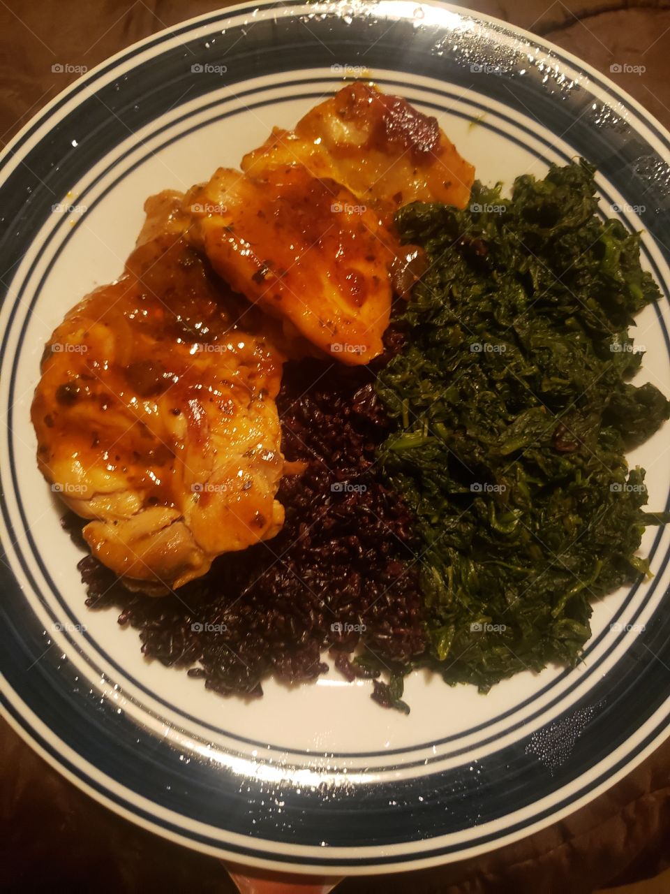 baked chicken, barbecue sauce, collard greens, black rice, food, good, delicious