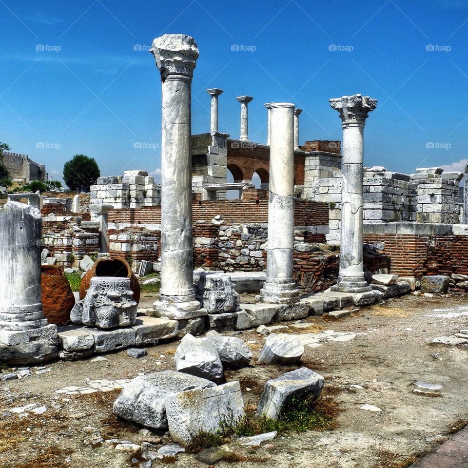 Ancient columns. . This is in Turkey. As you may know there are a lot of old ruins out there. They say Saint John is berried in this place 