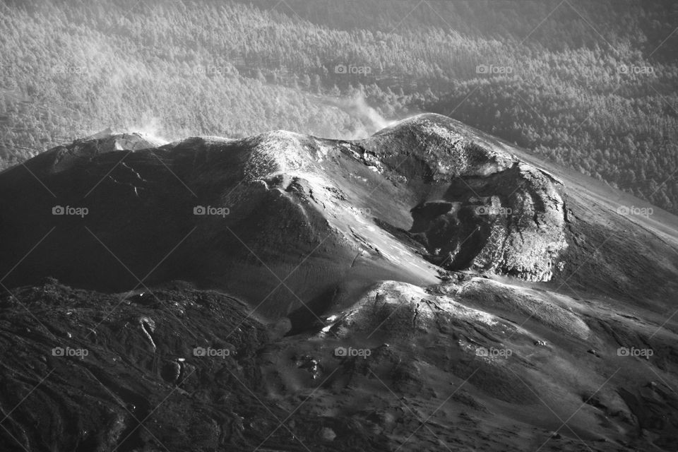 Aerial view of the smoking Tajogaite volcano on La Palma 