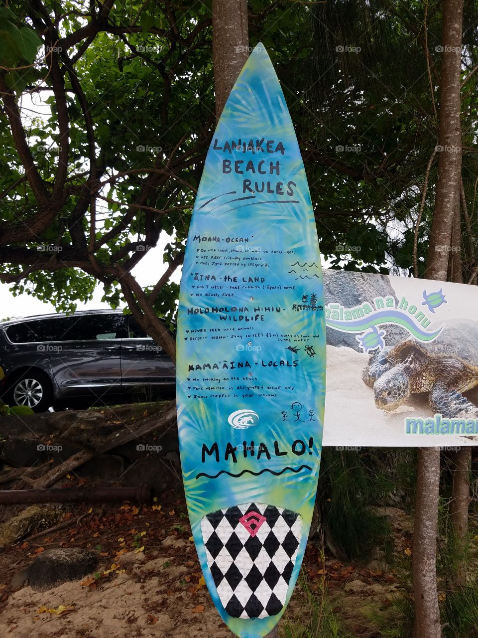 Beach rules posted on surf board