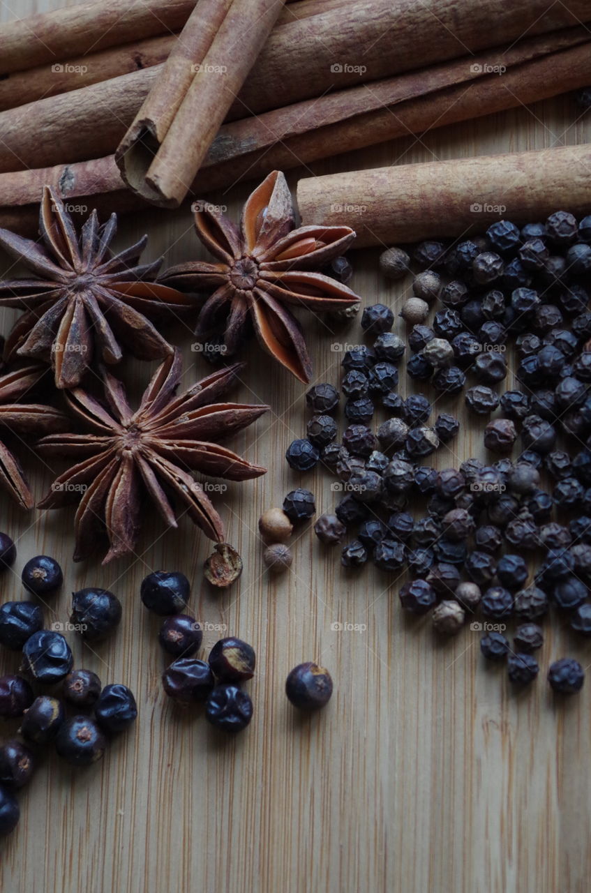 Variety of spice on wooden table