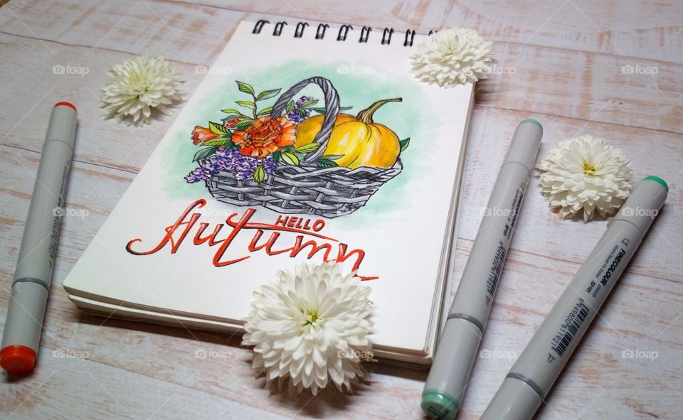 sketch of an autumn bouquet on a wooden background