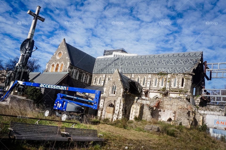 Christchurch Cathedral in ruin due to earthquake damage, New Zealand 