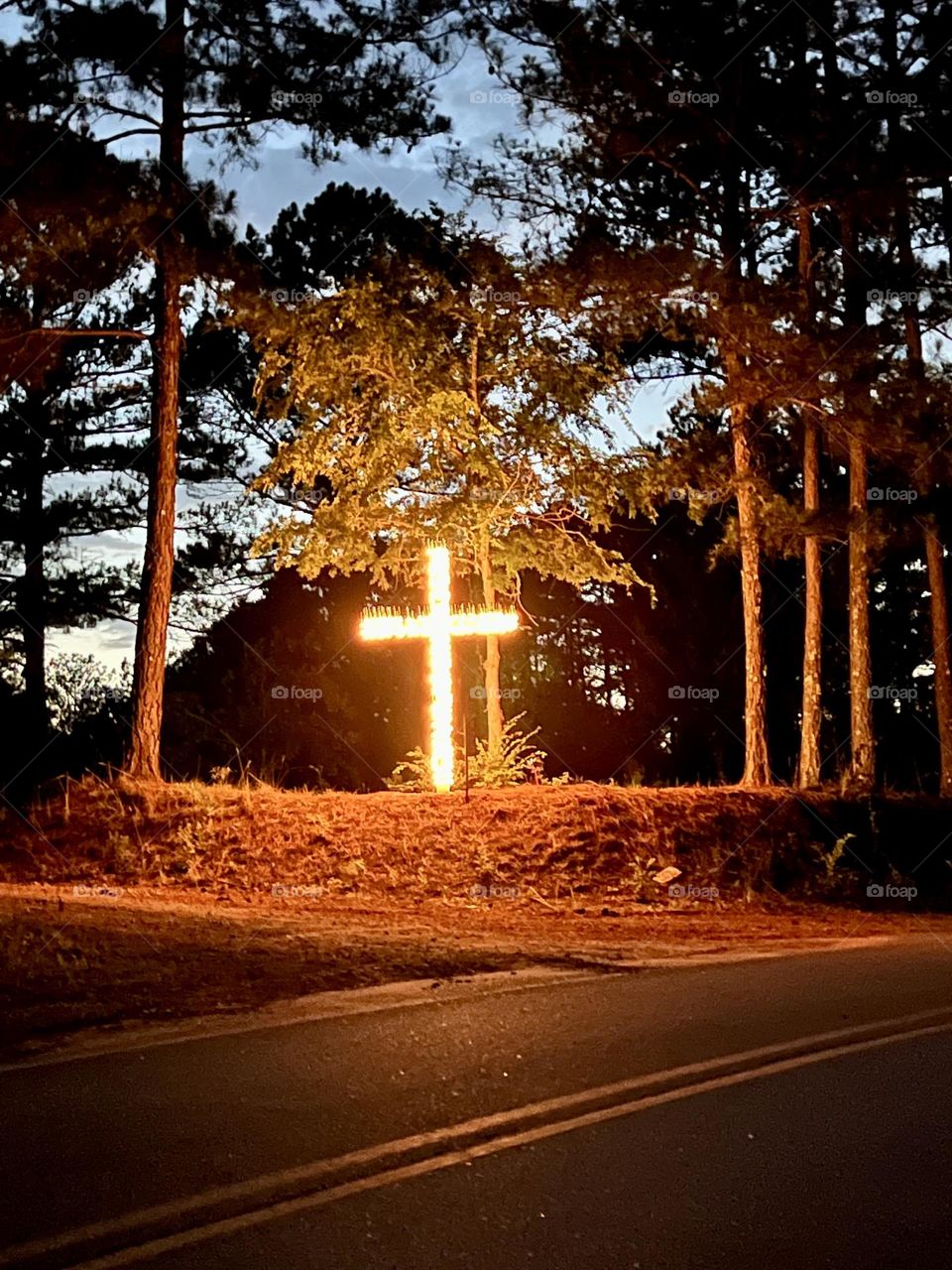 Illuminated cross at edge of woods 