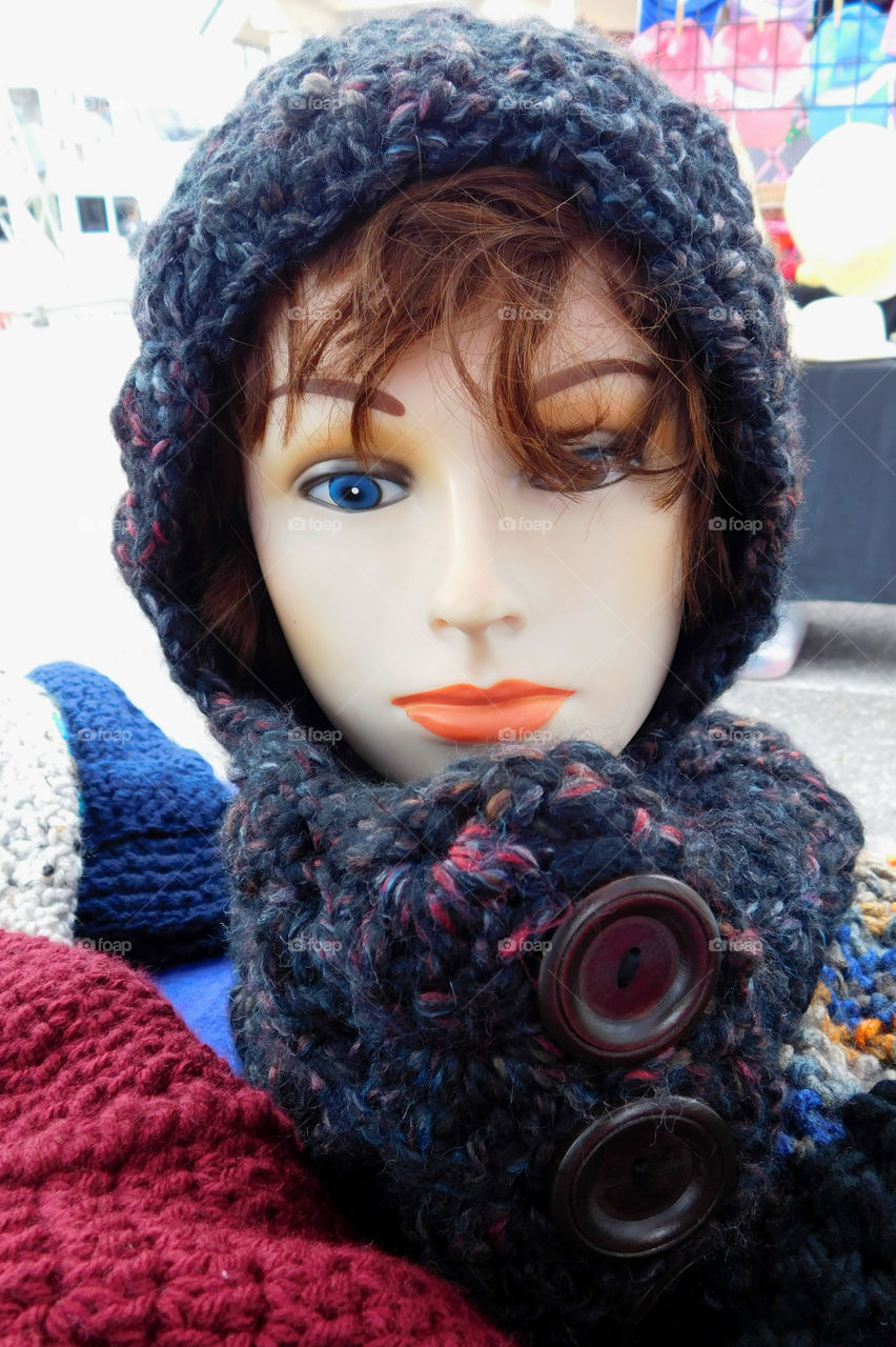 Mannequin display of knitted hats!