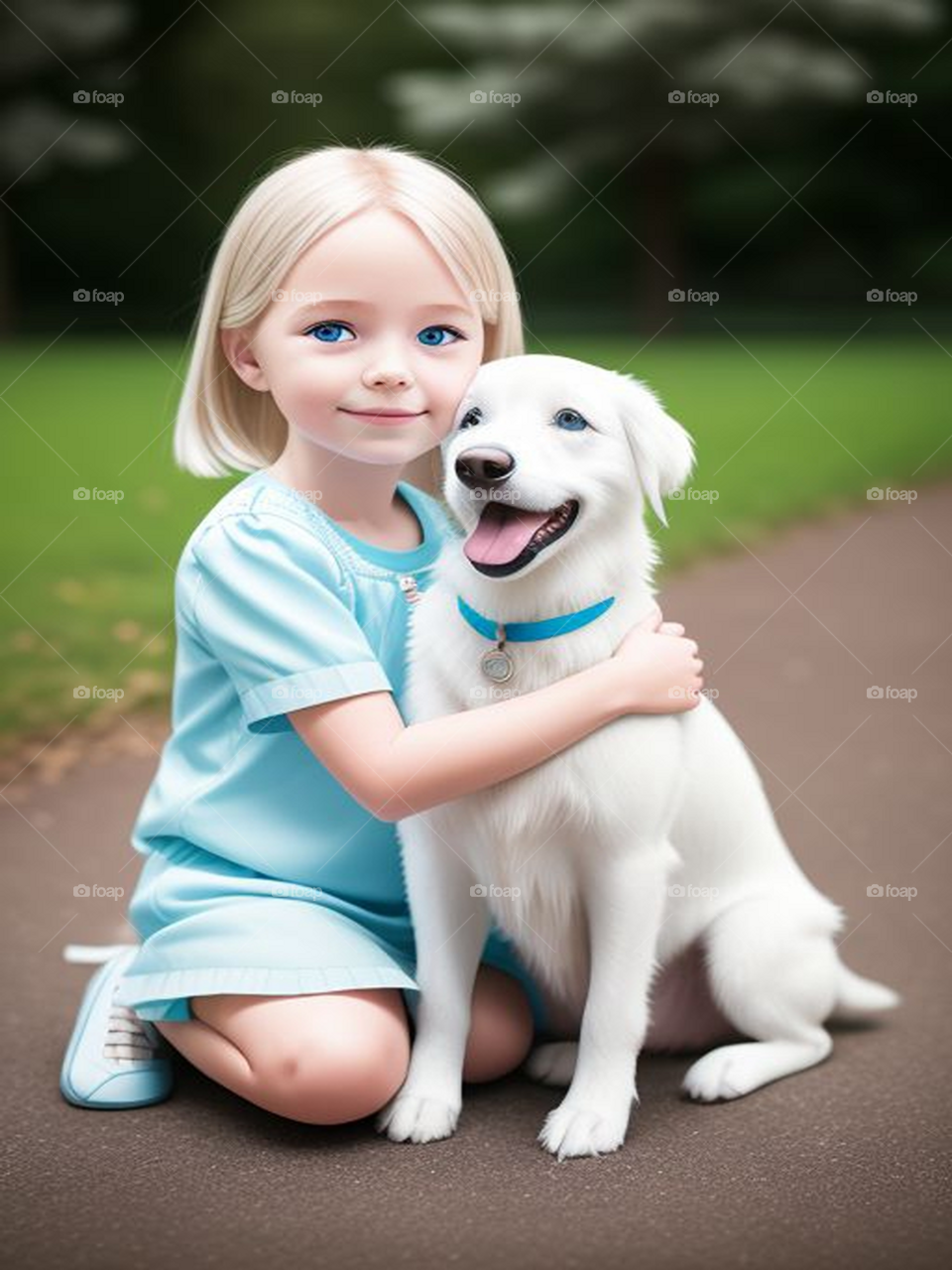 Beautiful blonde baby girl with a beautiful white dog