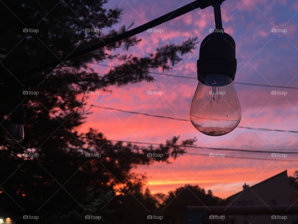 Fiery sunset behind a silhouette of a tree and an outdoor Edison style light bulb