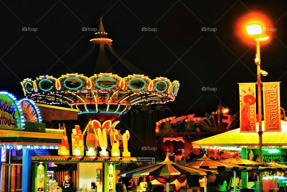 Bright neon lights at an amusement park