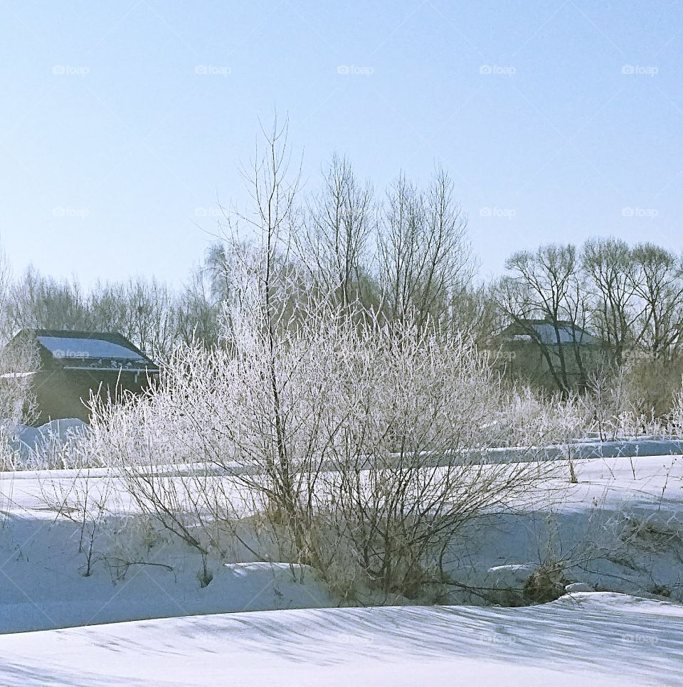 мартовское,солнечное утро.мороз,снег, сугробы, голубое небо, иней на деревьях, дорога.