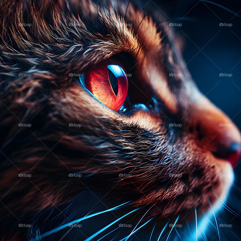 close up of a cat face with round eyes, in the style of vray tracing, photo-realistic techniques