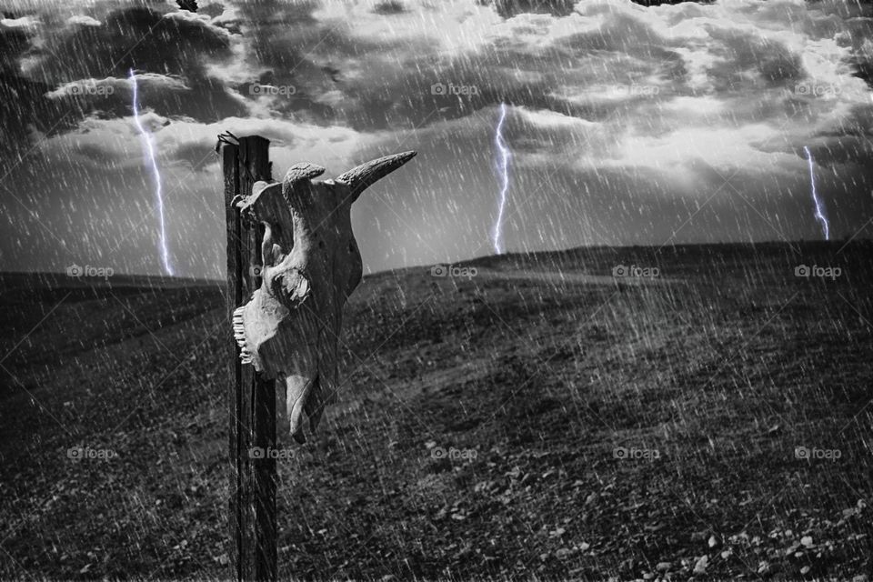 Landscape, skull, rain, clouds, lightning, hurricane, gothic, background, steppe, storm, precipitation