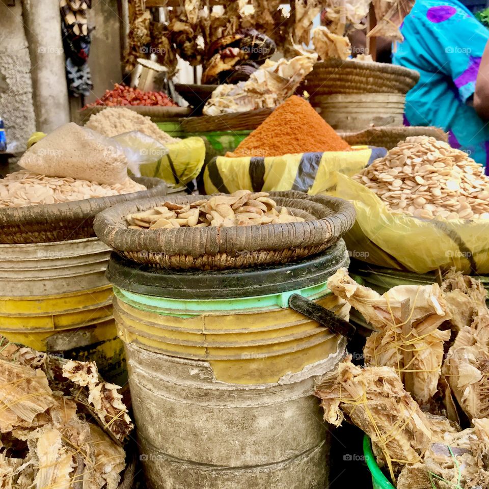 A market stall selling traditional food ingredients in Ikeja, Lagos 