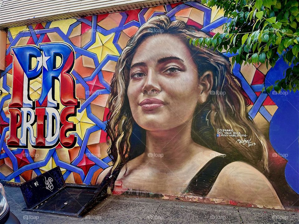 This is a beautiful art mural on „Jefferson Street“ off „Broadway“ and „Myrtle Avenue“ in „Bushwick“, Brooklyn celebrating Latin „PRIDE“ next to the club restaurant „La Lupe“. It covers nearly an entire city block. 2024. Hypnotic Productions
