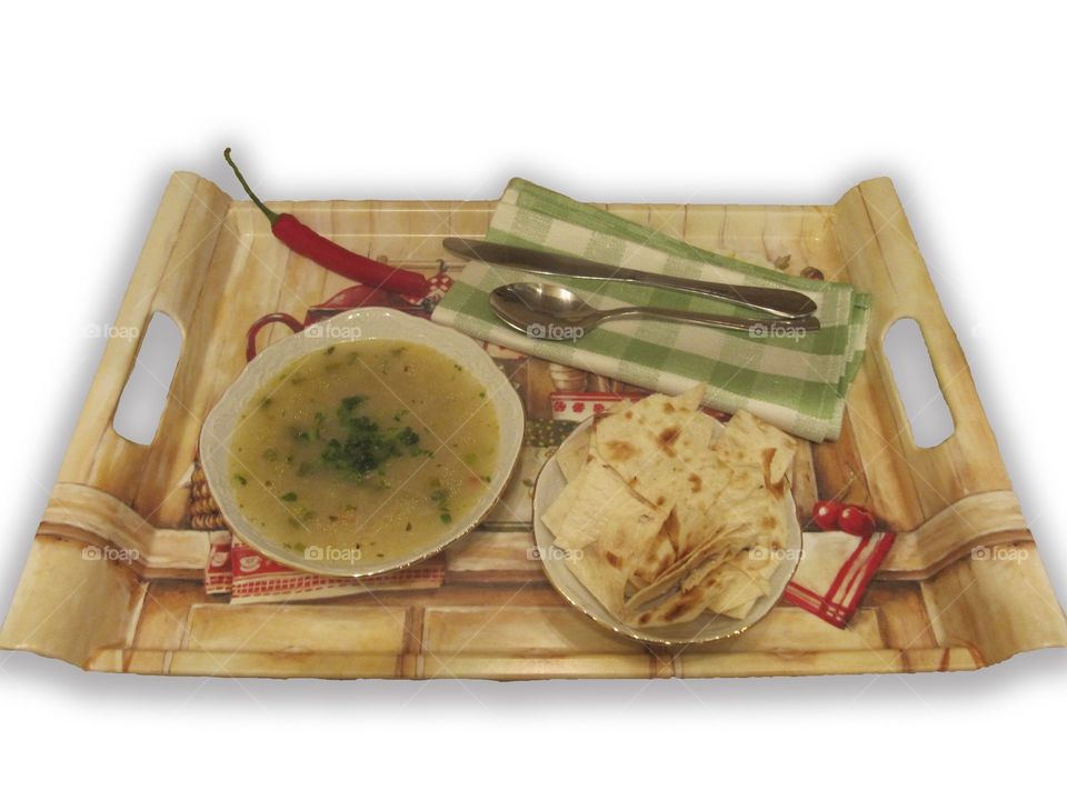 Soup with chili pepper and crunch lavash