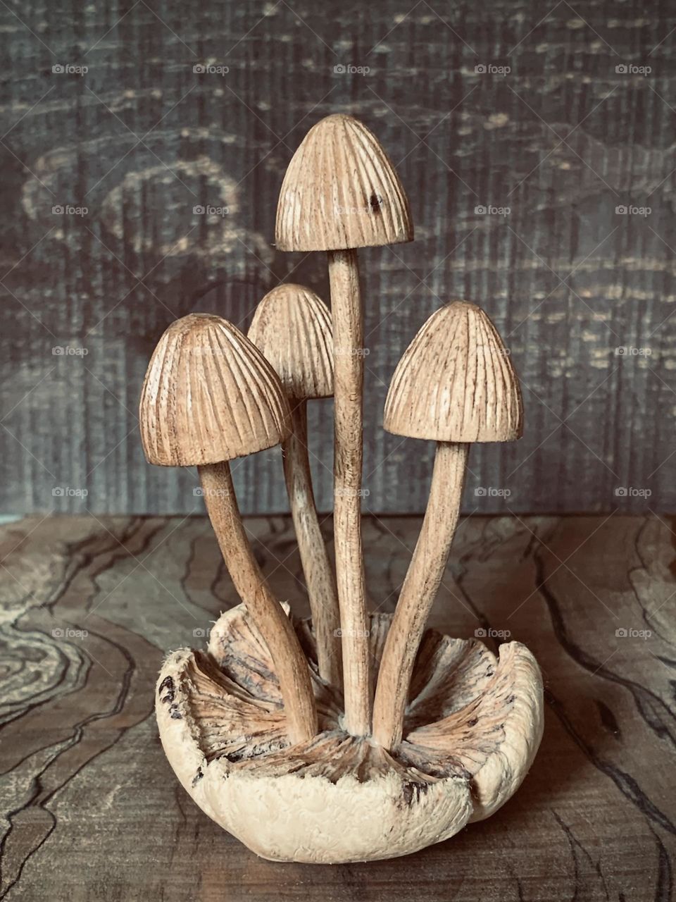 Carved wooden mushrooms against a background of different types of wood