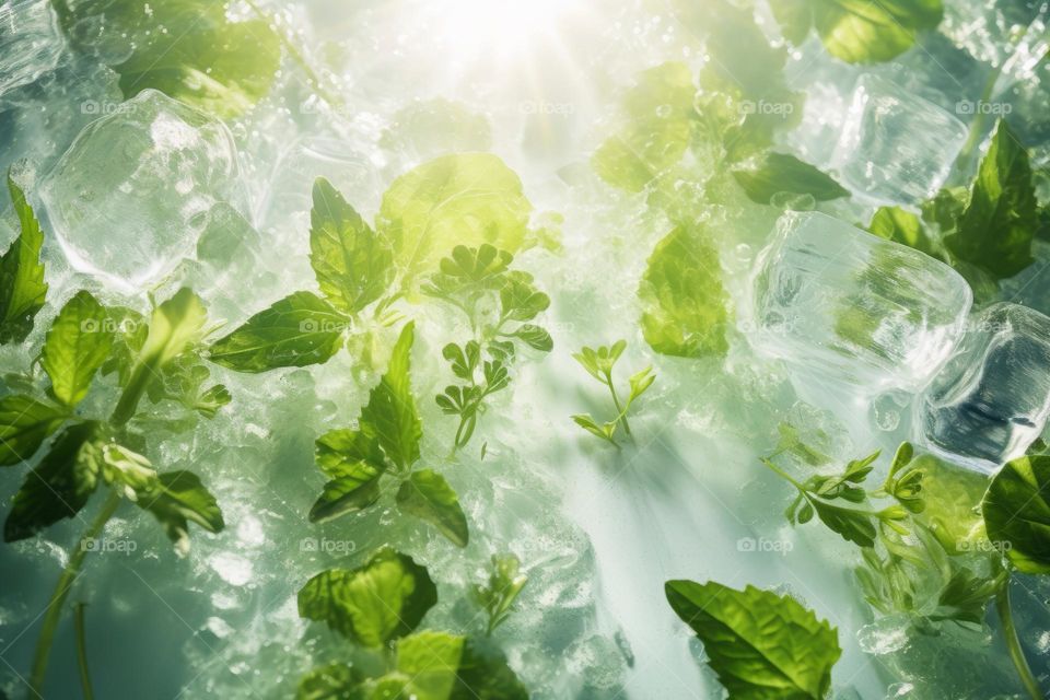 Fresh mint leaves and ice cubes melting on white background. Summer drinks ingredients. Frozen water and herbs. Freshness and flavor. Top view composition. Background