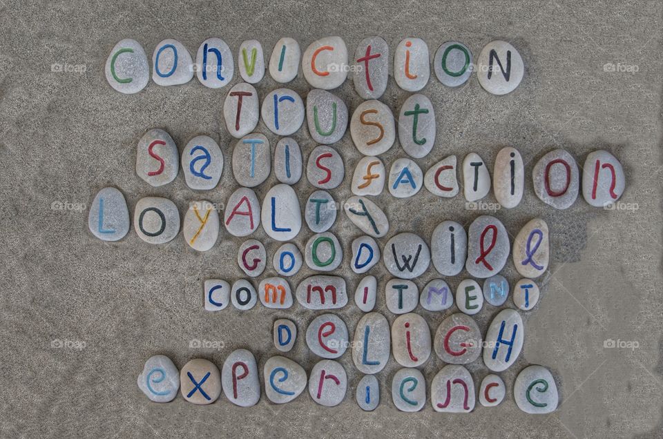 Customer concept on stones. Conviction Trust Satisfaction Loyalty Goodwill Commitment Delight Experience CUSTOMER