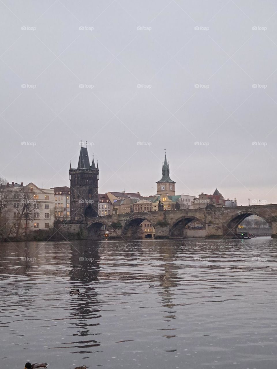 Prague, bridge, river, water, cloudy