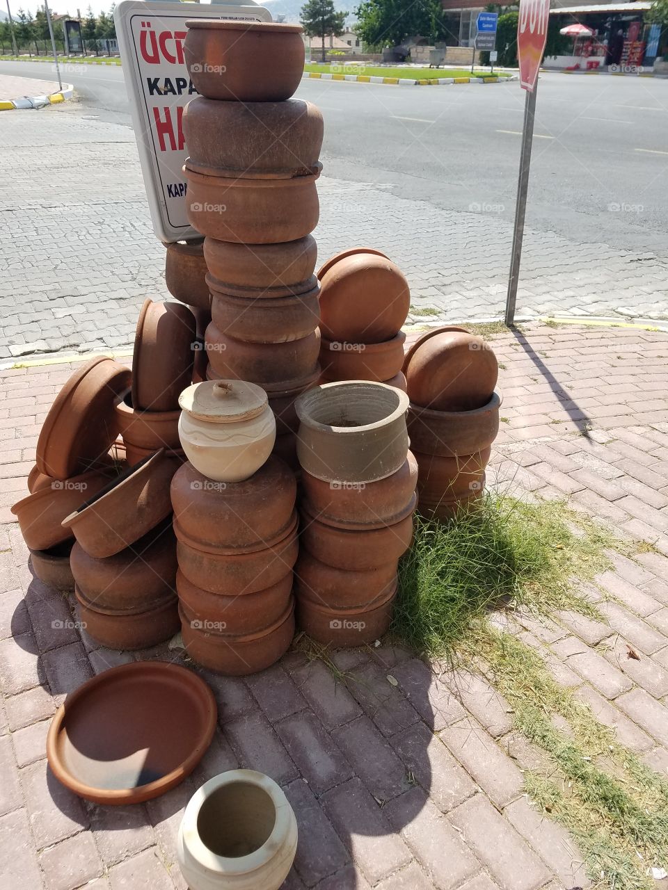 some old pottery outside of the road in Cappadocia Turkey