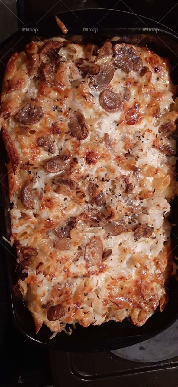 Baked pasta with cheese and mushrooms