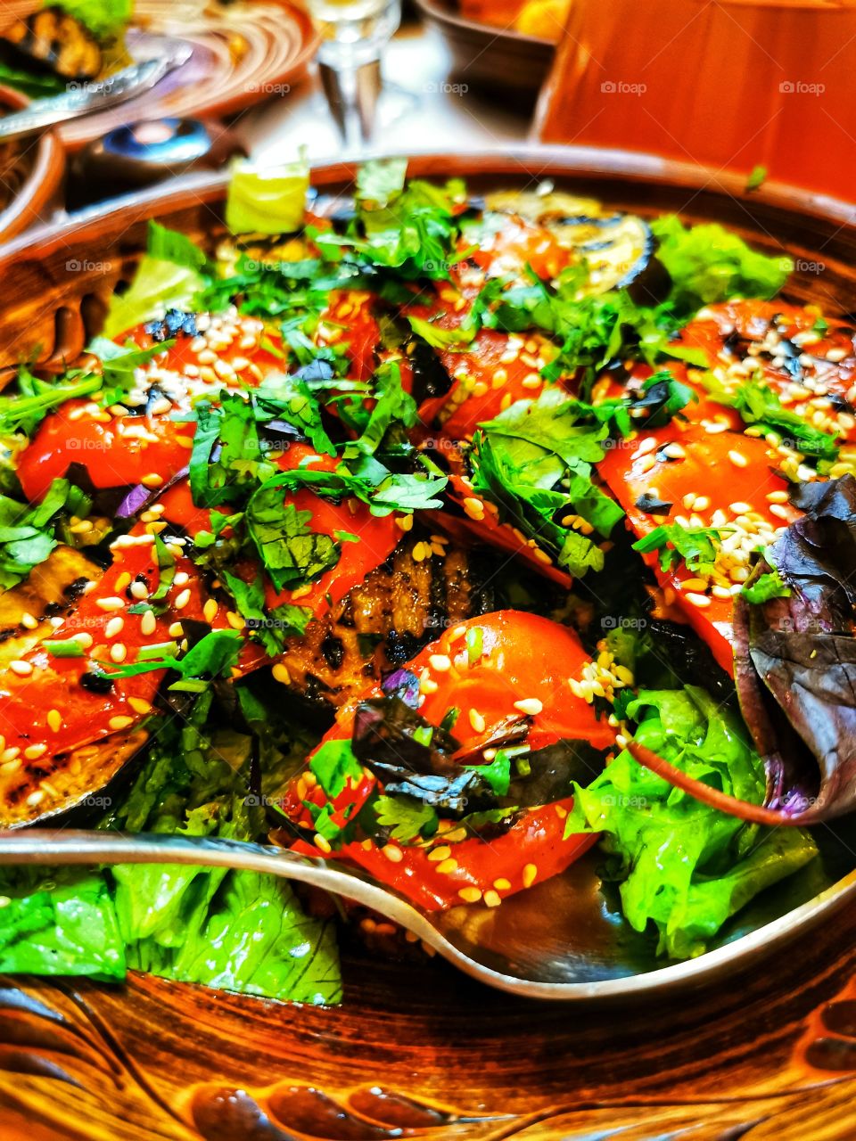 Food yummy served table day part red form plant healthy juicy view bio fresh tasty salad grill vegetables plate table wooden spoon