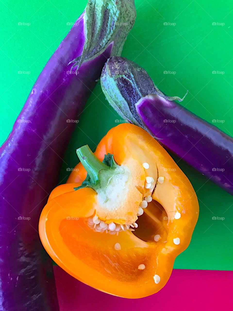 Orange bell pepper and eggplants