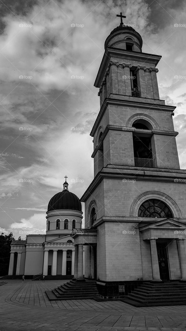 Beautiful view of the Cathedral of the Nativity of Christ in a public park in the city of Chisinau Moldova, side view close-up. Concept architecture of ancient churches and cathedrals.