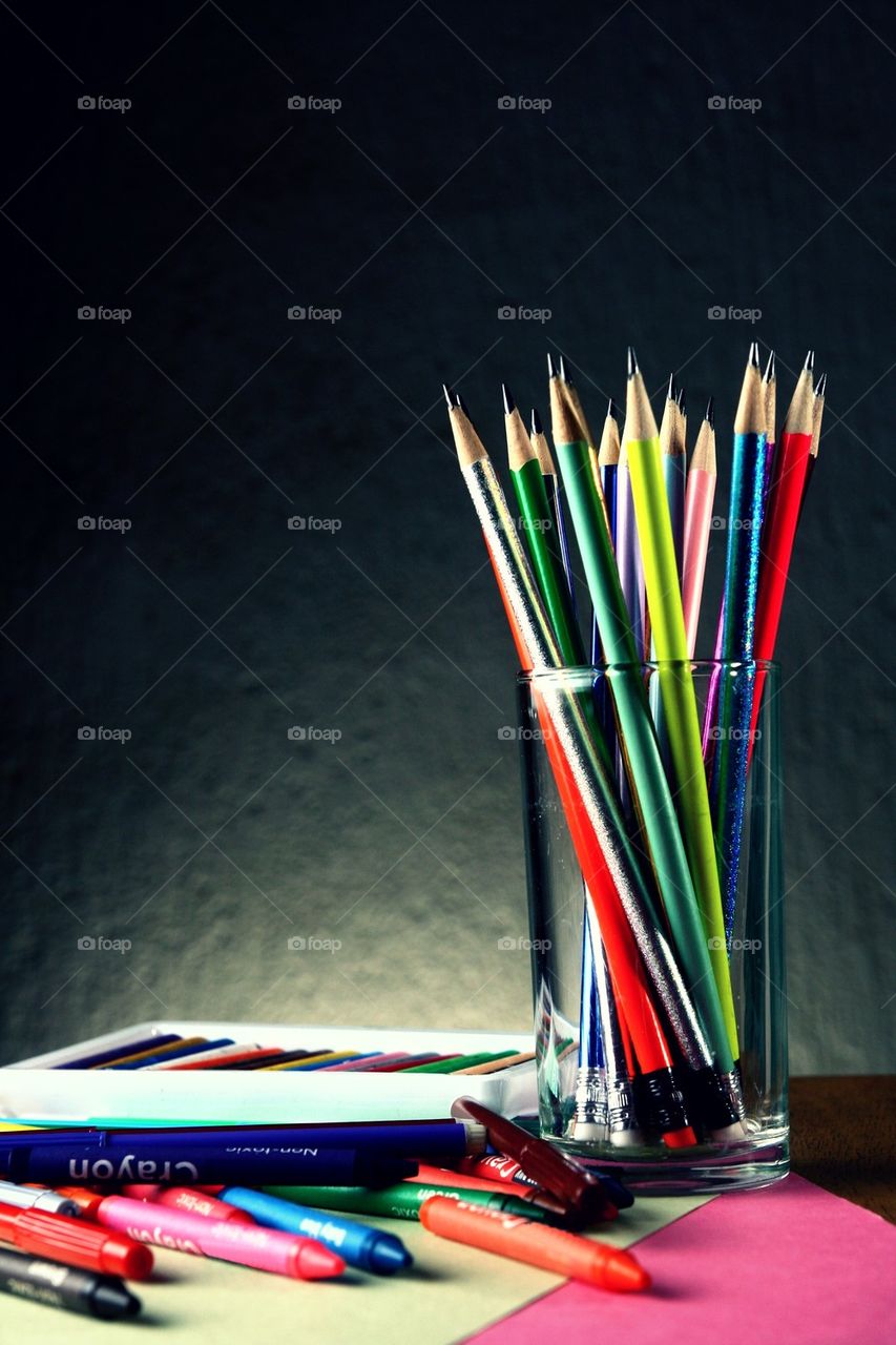 different colorful art and drawing materials